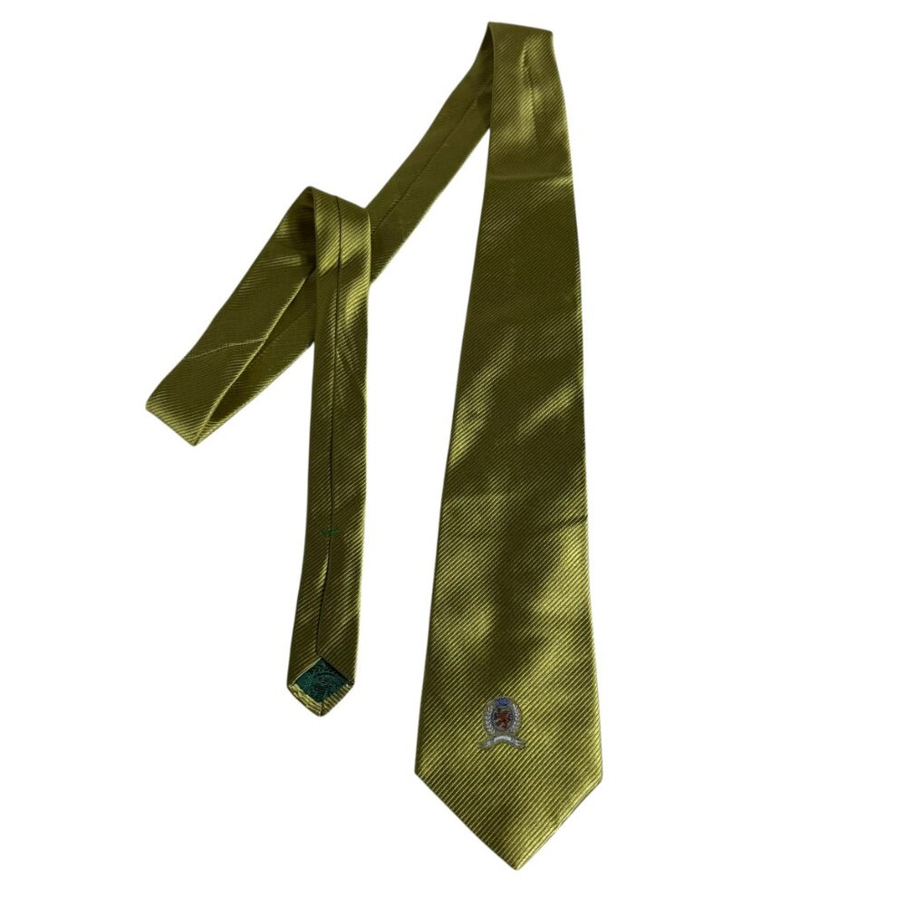 Tommy Hilfiger Vintage 100% Silk Tie – EUC – Gold Satin Finish, Crest Emblem